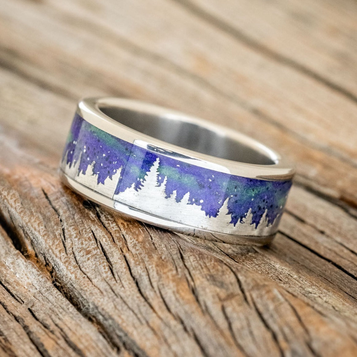 "BOREALIS" - SILVER TREES ENGRAVED WEDDING RING WITH GLOW IN THE DARK NORTHERN LIGHTS-1