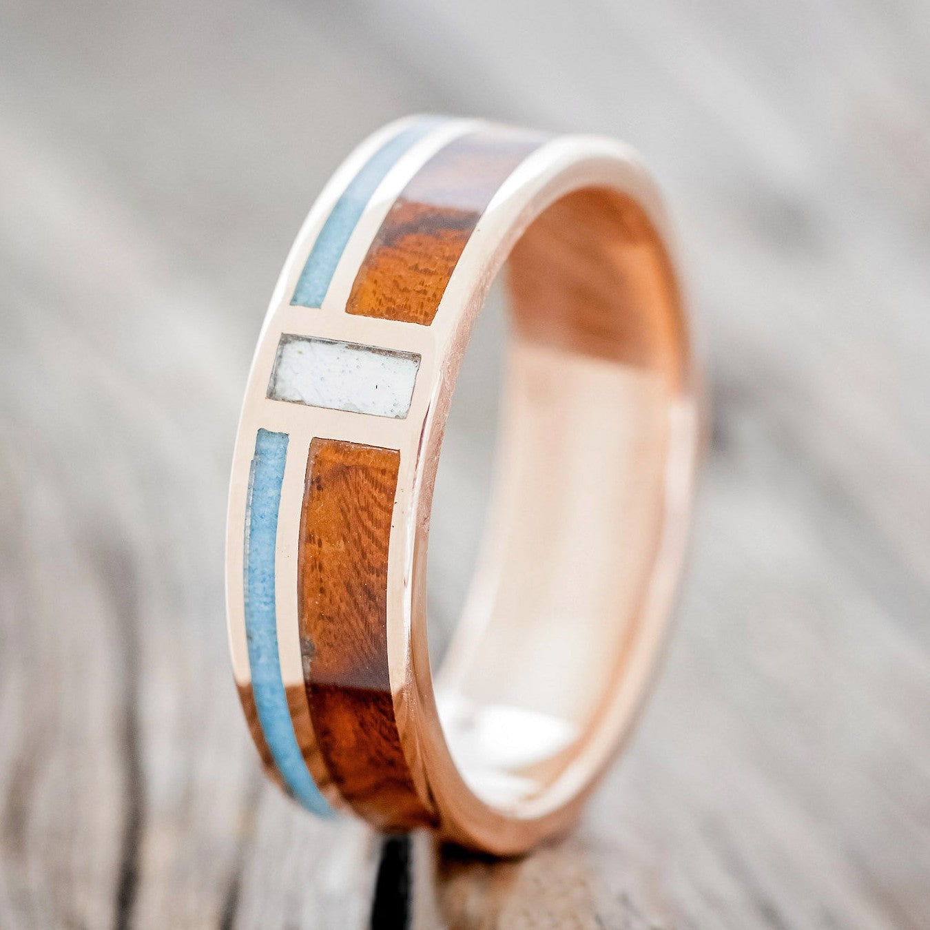 "BOWER" - MOTHER OF PEARL, TURQUOISE & IRONWOOD WEDDING BAND-1