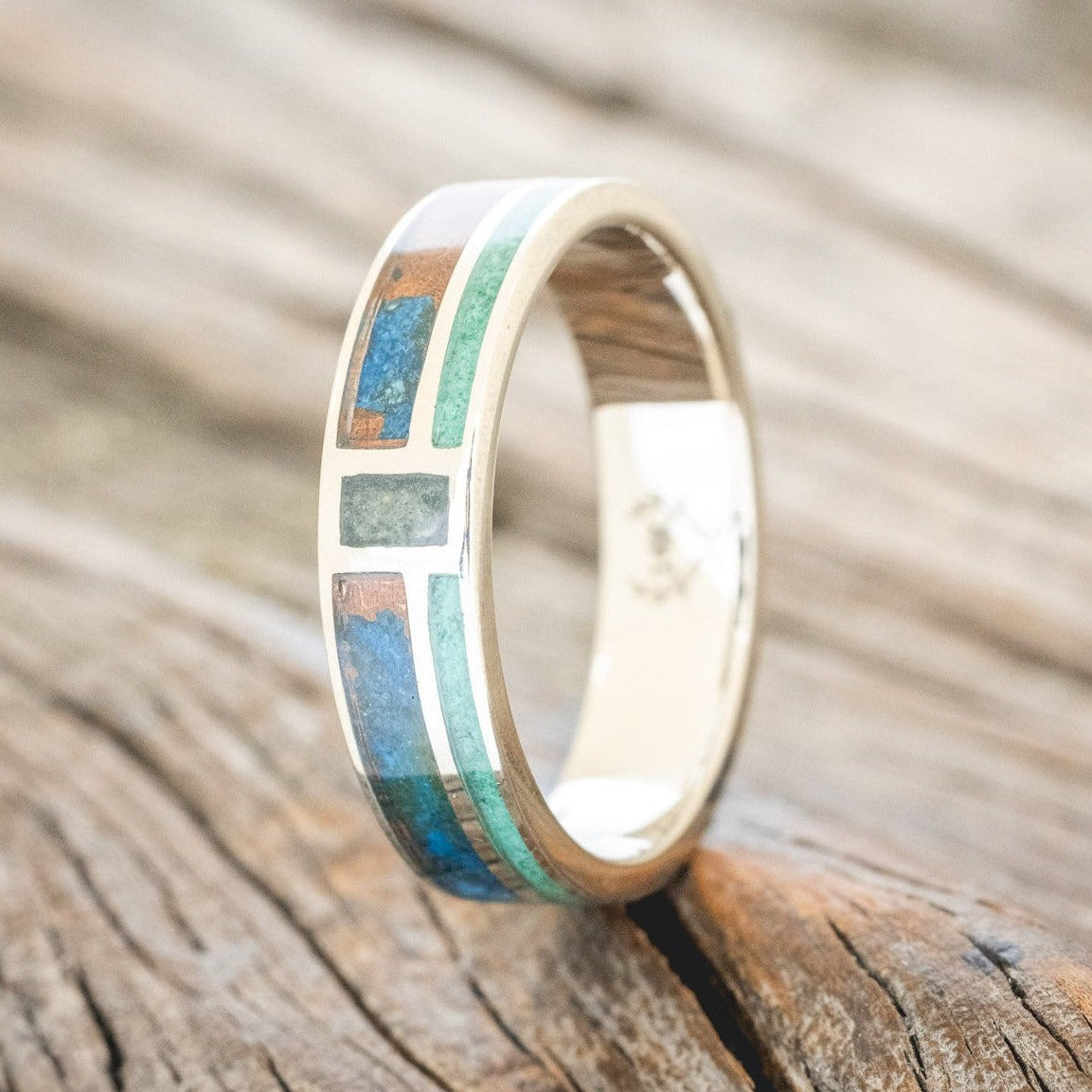 "BOWER" - PATINA COPPER, MALACHITE & MOSS AGATE WEDDING BAND-1