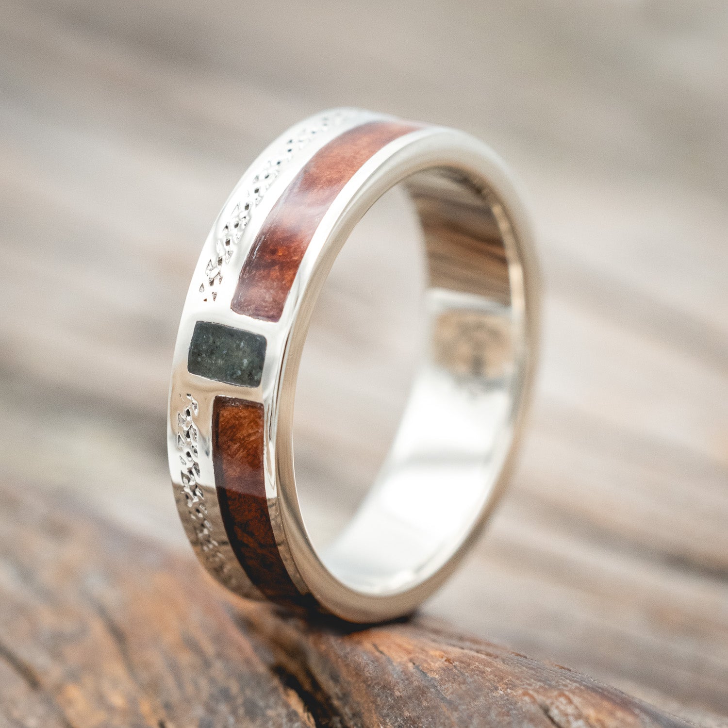 "BOWER" - REDWOOD & MOSS AGATE WEDDING BAND WITH CELTIC SAILOR'S KNOT ENGRAVINGS-Staghead Designs