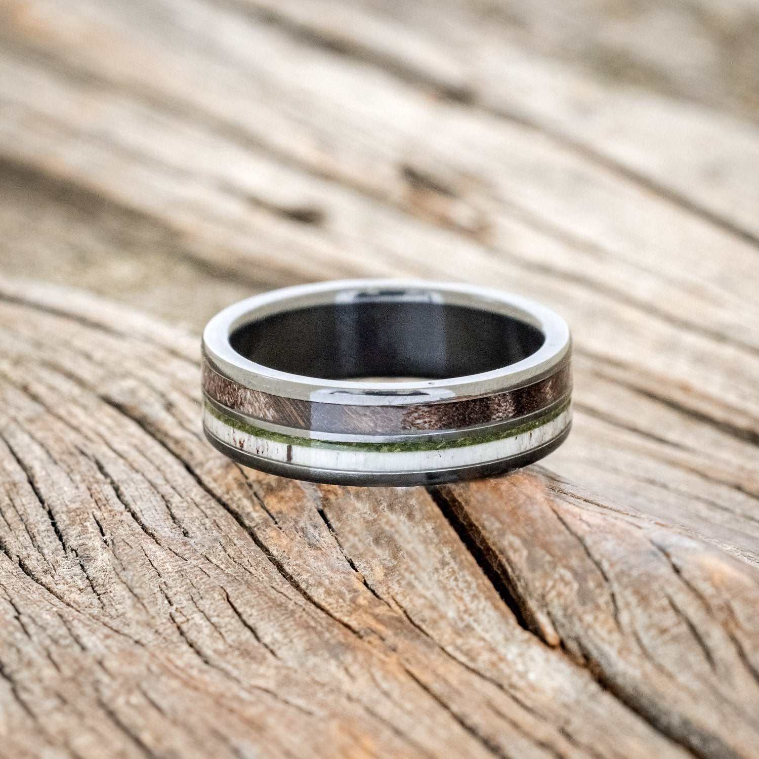 "DYAD" - MOSS, ANTLER & DARK MAPLE WOOD WEDDING BAND-3