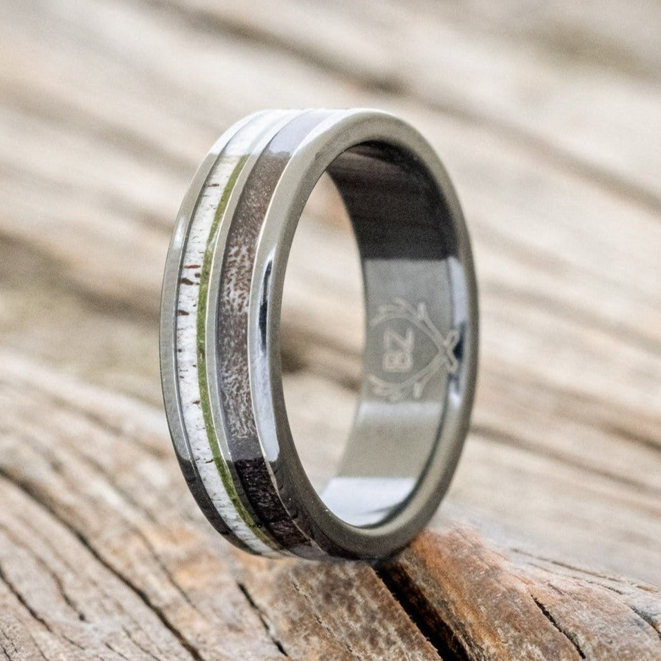 "DYAD" - MOSS, ANTLER & DARK MAPLE WOOD WEDDING BAND-1