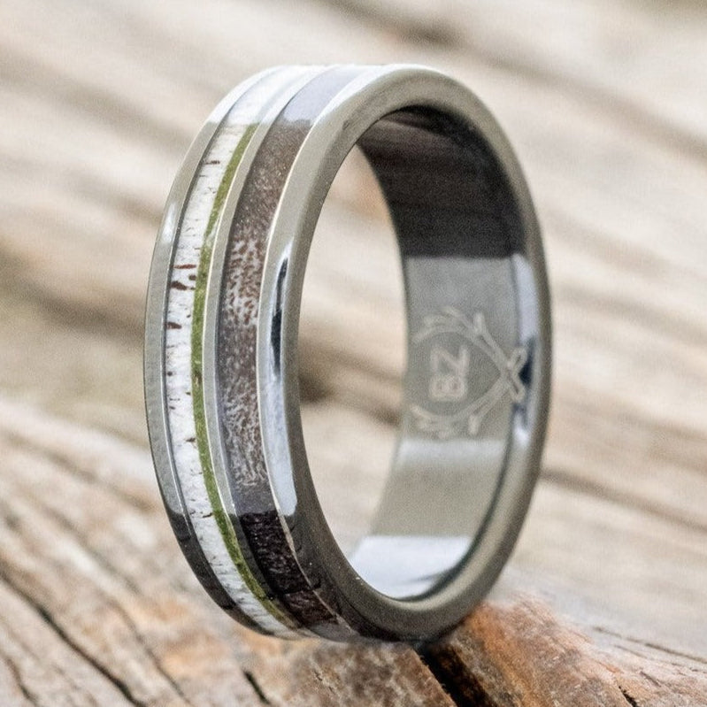 "DYAD" - MOSS, ANTLER & DARK MAPLE WOOD WEDDING BAND-1