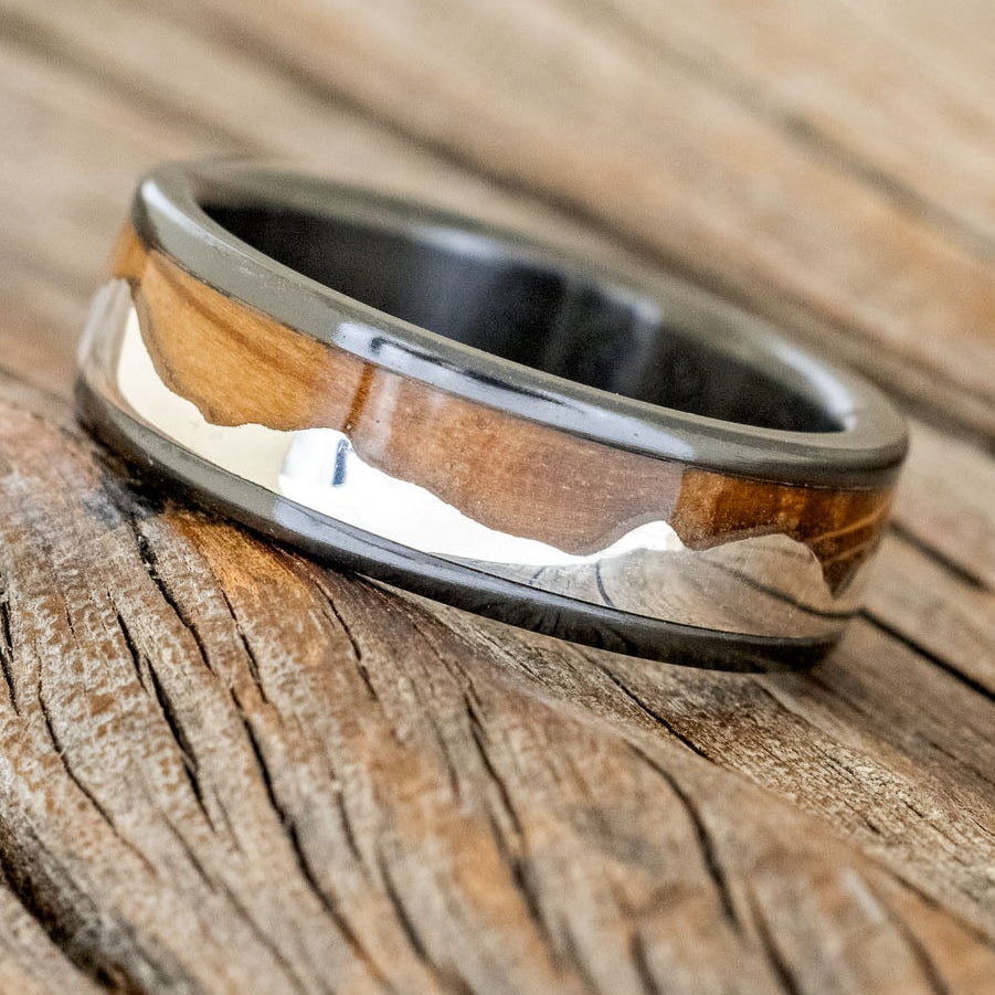 "Helios" - Whiskey Barrel Oak & Silver Mountain Range Men's Wedding Band-Staghead Designs