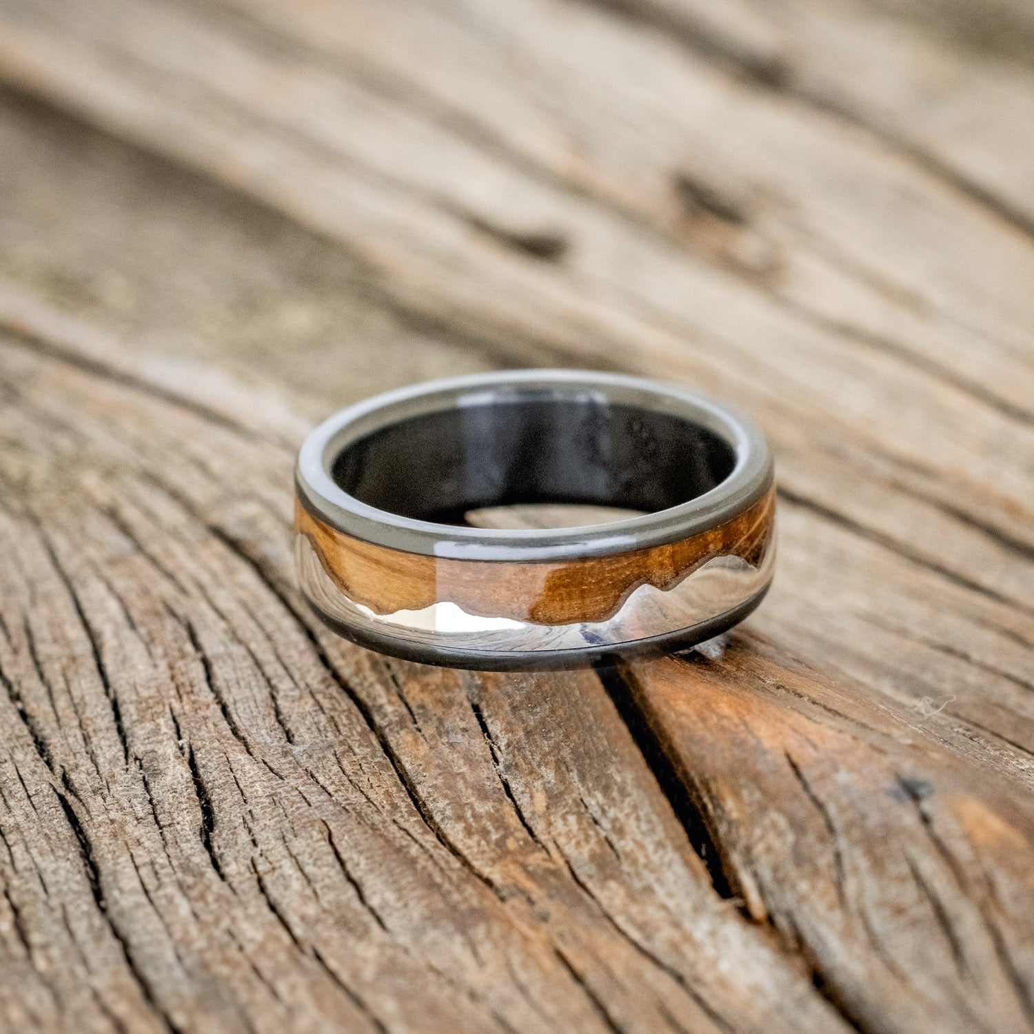 "HELIOS" - WHISKEY BARREL OAK & SILVER MOUNTAIN RANGE WEDDING BAND-6