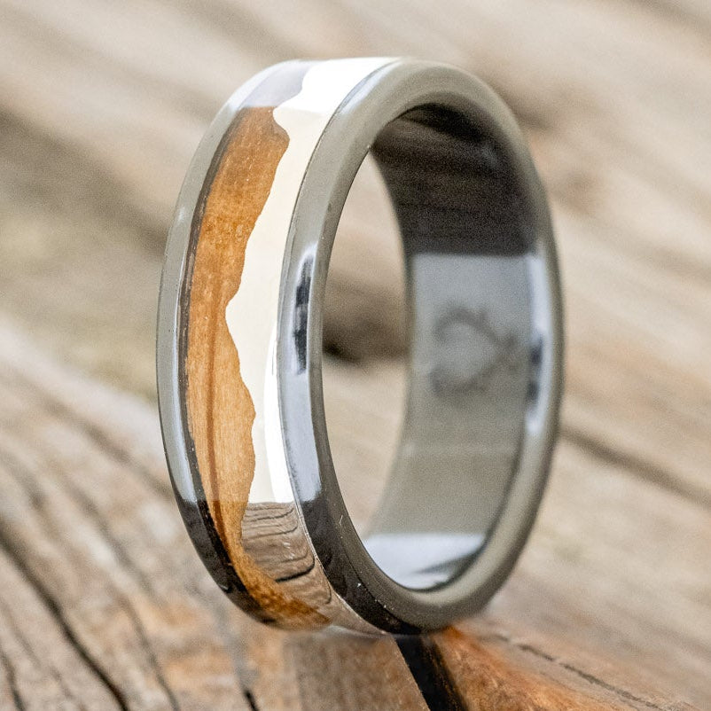 "Helios" - Whiskey Barrel Oak & Silver Mountain Range Men's Wedding Band-Staghead Designs