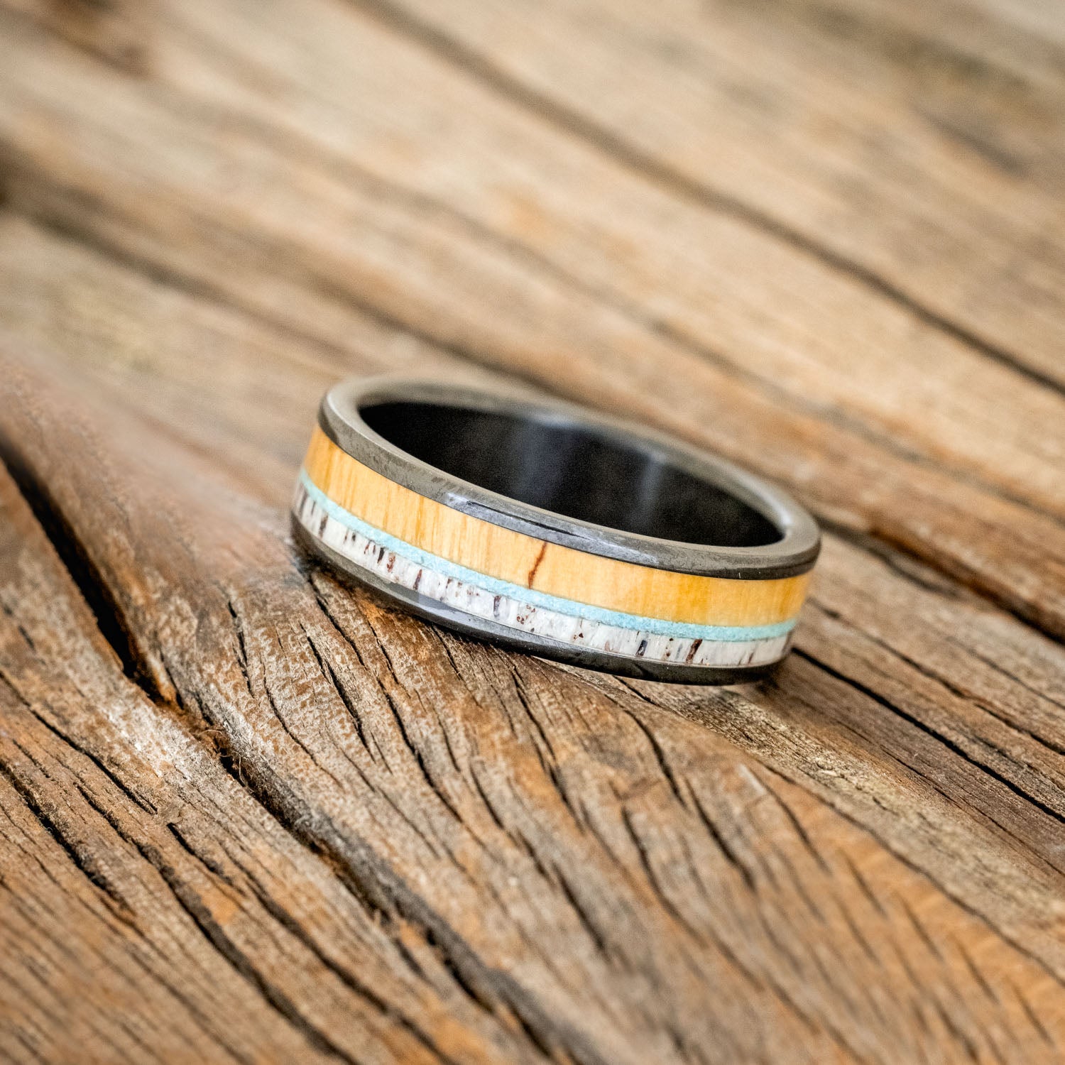 "RAINIER" - SPALTED MAPLE, ANTLER & TURQUOISE WEDDING BAND-2