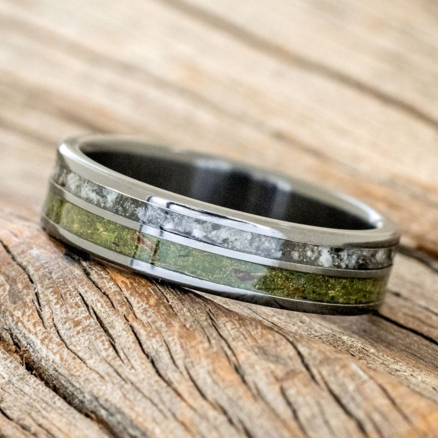 "RAPTOR" - MOSS WITH MOLDAVITE & MOONSTONE MIX WEDDING BAND-6