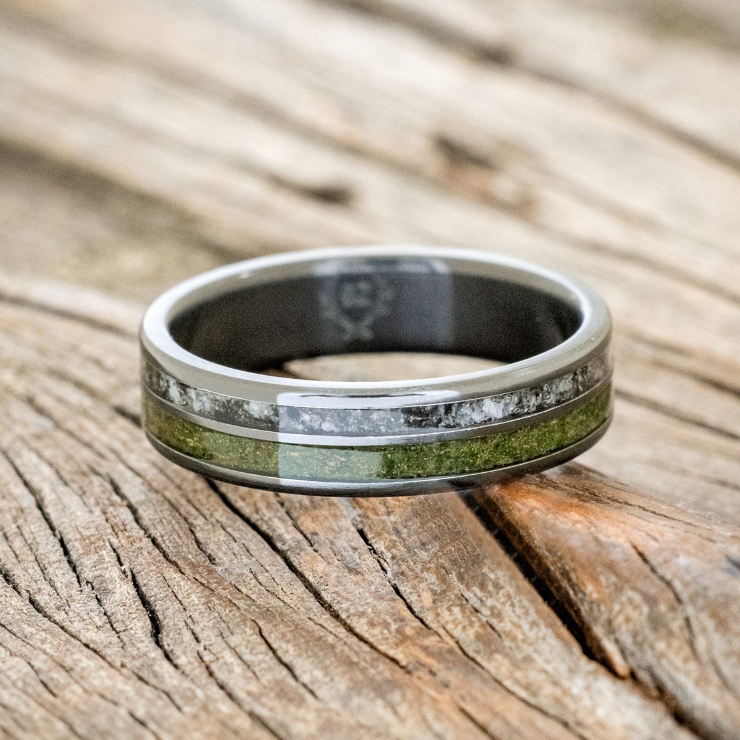 "RAPTOR" - MOSS WITH MOLDAVITE & MOONSTONE MIX WEDDING BAND-5