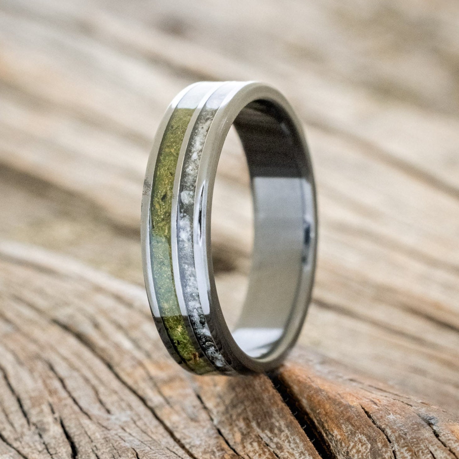 "RAPTOR" - MOSS WITH MOLDAVITE & MOONSTONE MIX WEDDING BAND-4