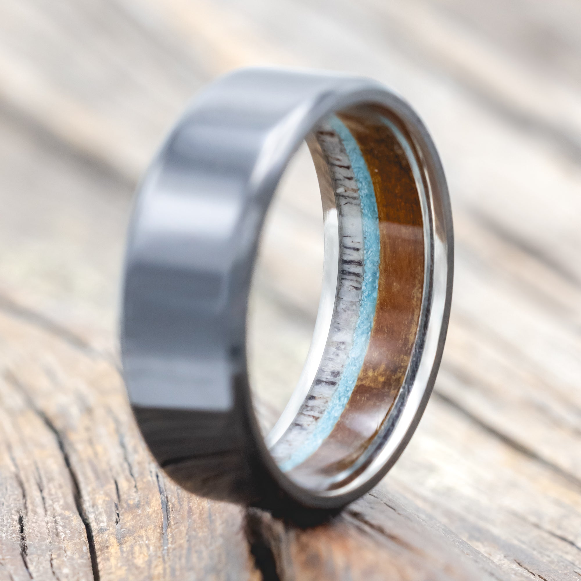 "ARGOS" - ANTLER, IRONWOOD & TURQUOISE LINED WEDDING BAND-Staghead Designs