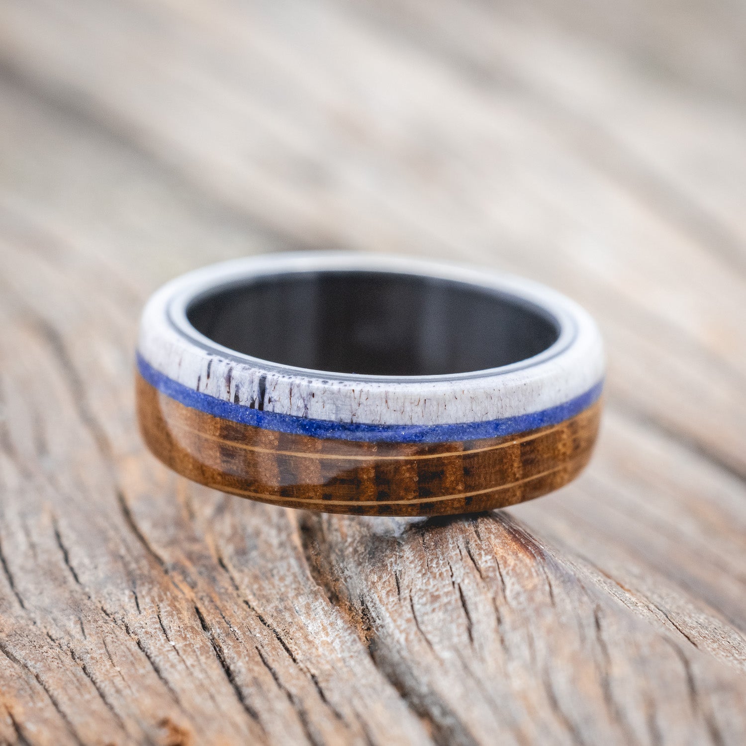 "ARGOS" - WHISKEY BARREL OAK, LAPIS LAZULI & ANTLER WEDDING BAND-Staghead Designs