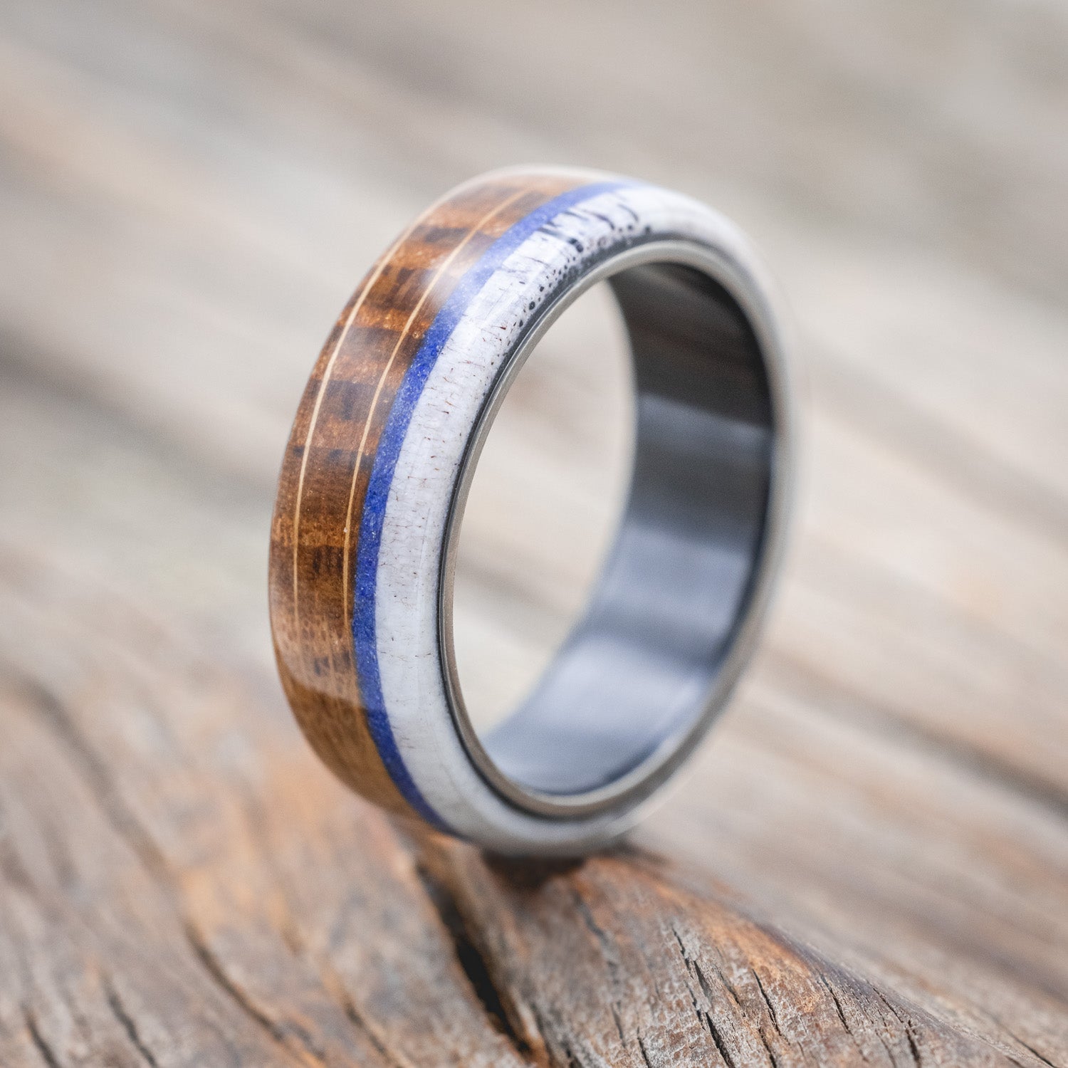"ARGOS" - WHISKEY BARREL OAK, LAPIS LAZULI & ANTLER WEDDING BAND-Staghead Designs