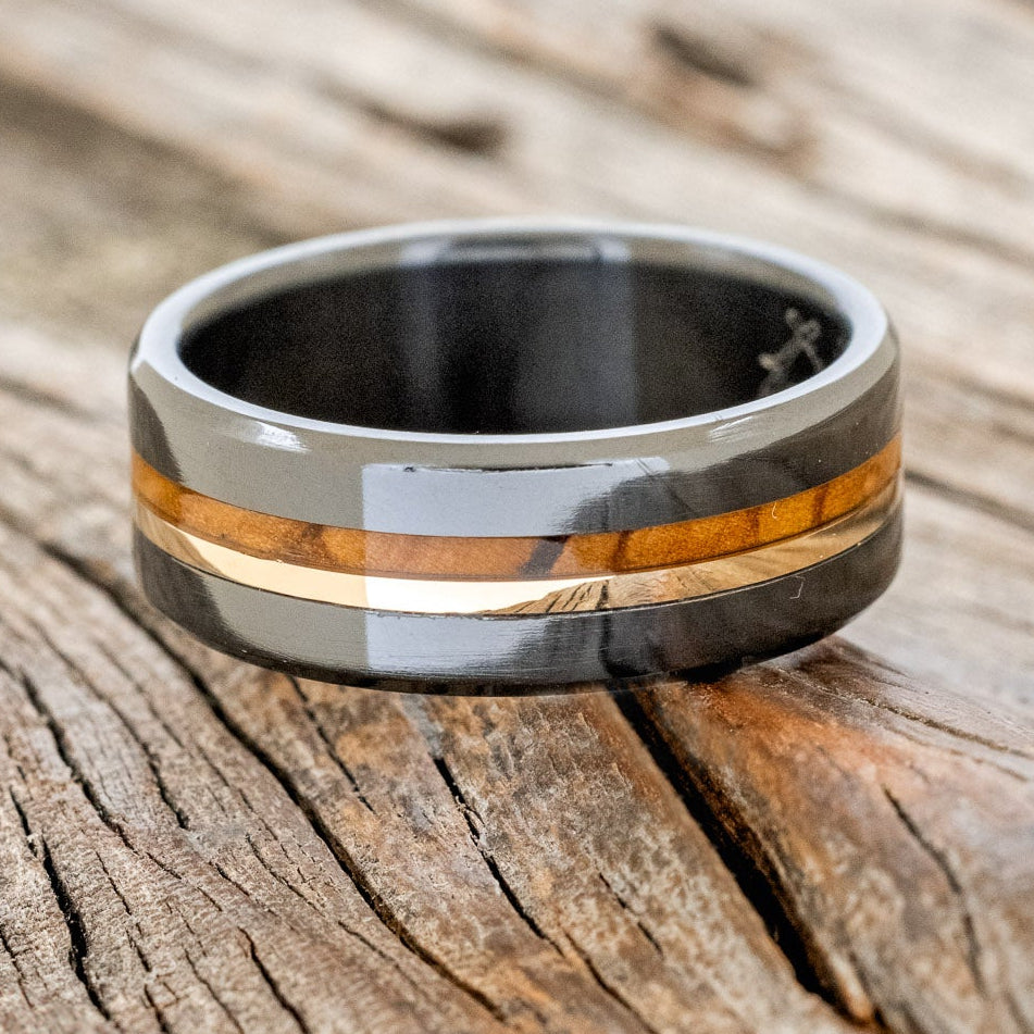 "ASHER" - BETHLEHEM OLIVE WOOD & A 14K GOLD INLAY WEDDING RING-3