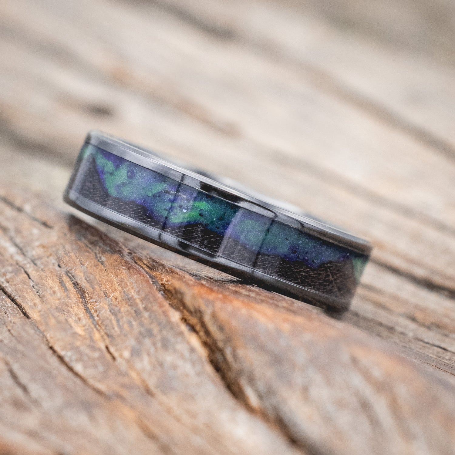"BOREALIS" - MOUNTAIN ENGRAVED WEDDING RING WITH DARK MAPLE WOOD & GLOW IN THE DARK NORTHERN LIGHTS-Staghead Designs