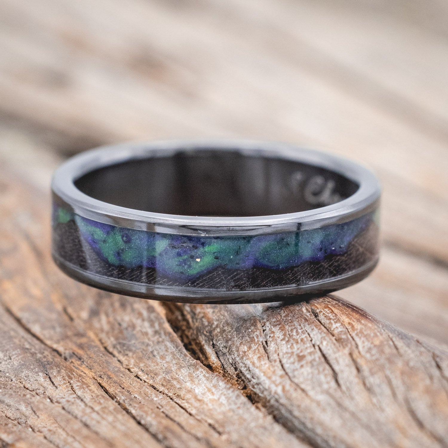 "BOREALIS" - MOUNTAIN ENGRAVED WEDDING RING WITH DARK MAPLE WOOD & GLOW IN THE DARK NORTHERN LIGHTS-Staghead Designs