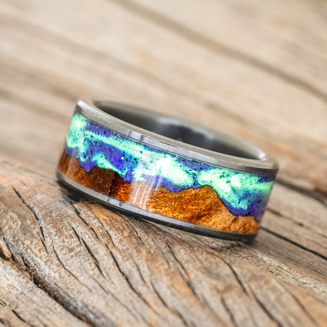 "BOREALIS" - MOUNTAIN ENGRAVED WEDDING RING WITH REDWOOD & GLOW IN THE DARK NORTHERN LIGHTS-5
