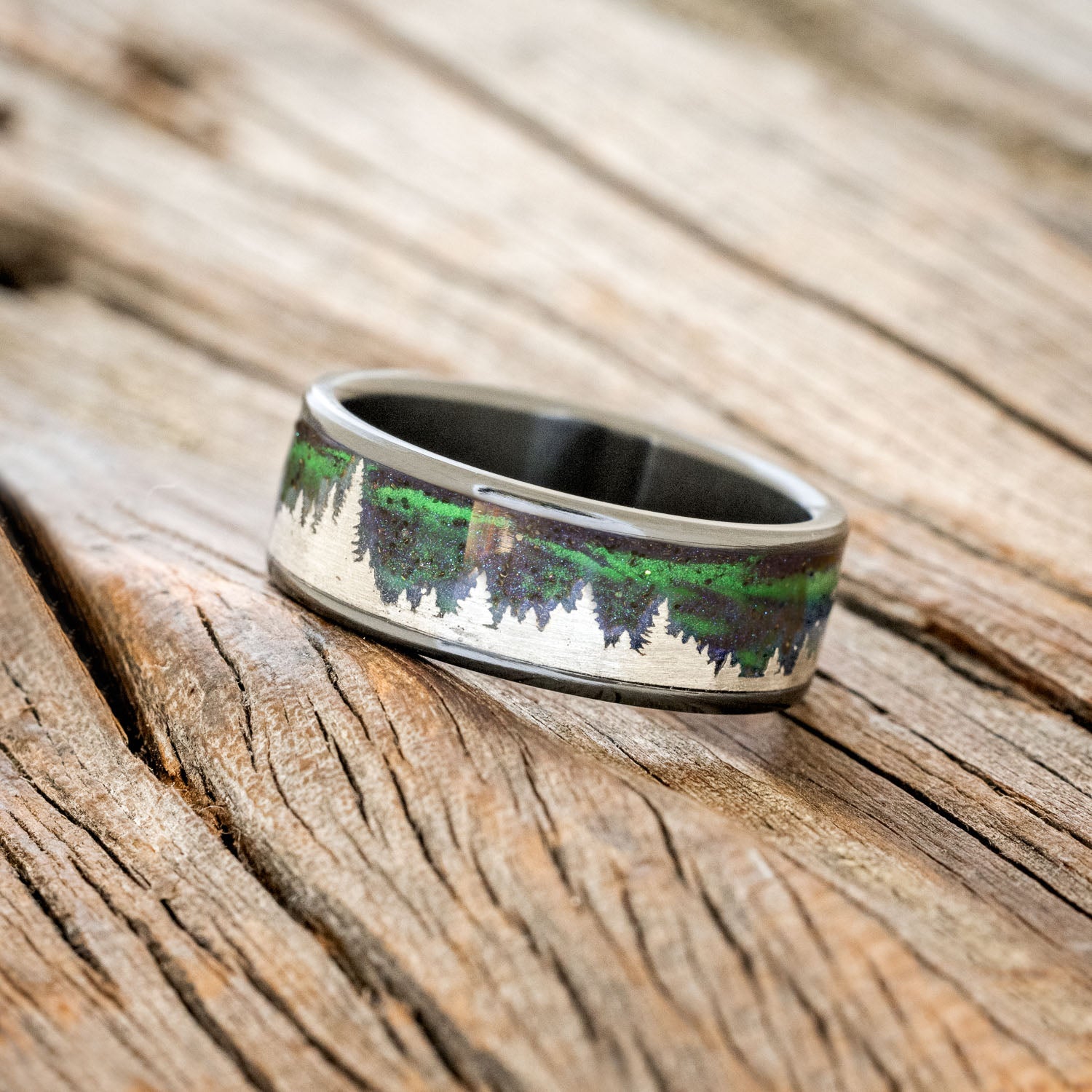 "BOREALIS" - SILVER TREES ENGRAVED WEDDING RING WITH GLOW IN THE DARK NORTHERN LIGHTS-11