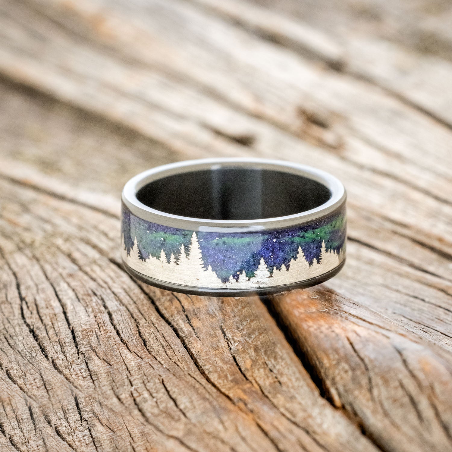 "BOREALIS" - SILVER TREES ENGRAVED WEDDING RING WITH GLOW IN THE DARK NORTHERN LIGHTS-9