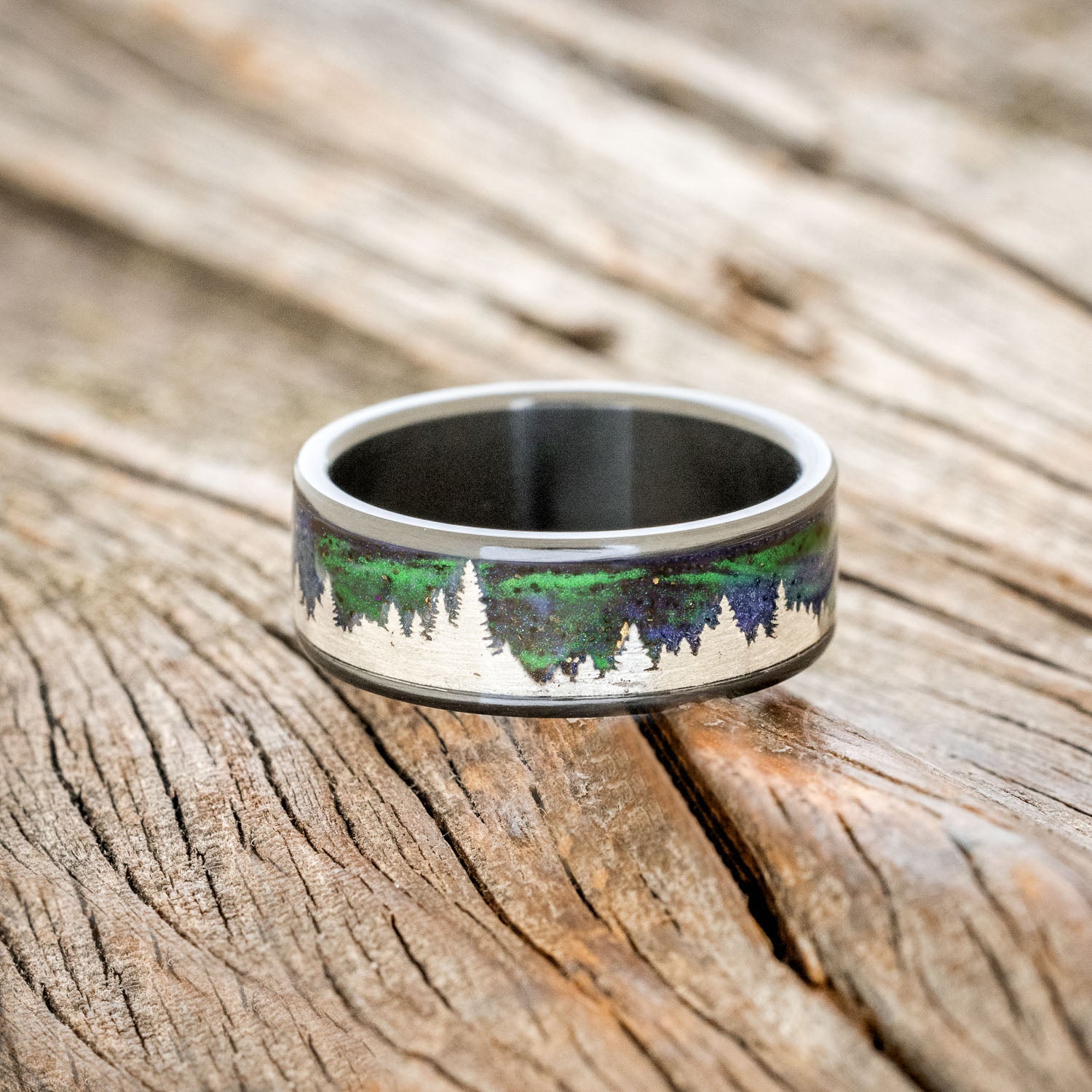 "BOREALIS" - SILVER TREES ENGRAVED WEDDING RING WITH GLOW IN THE DARK NORTHERN LIGHTS-12