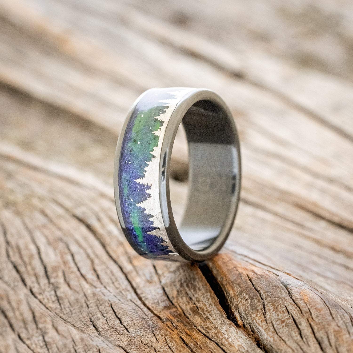 "BOREALIS" - SILVER TREES ENGRAVED WEDDING RING WITH GLOW IN THE DARK NORTHERN LIGHTS-7