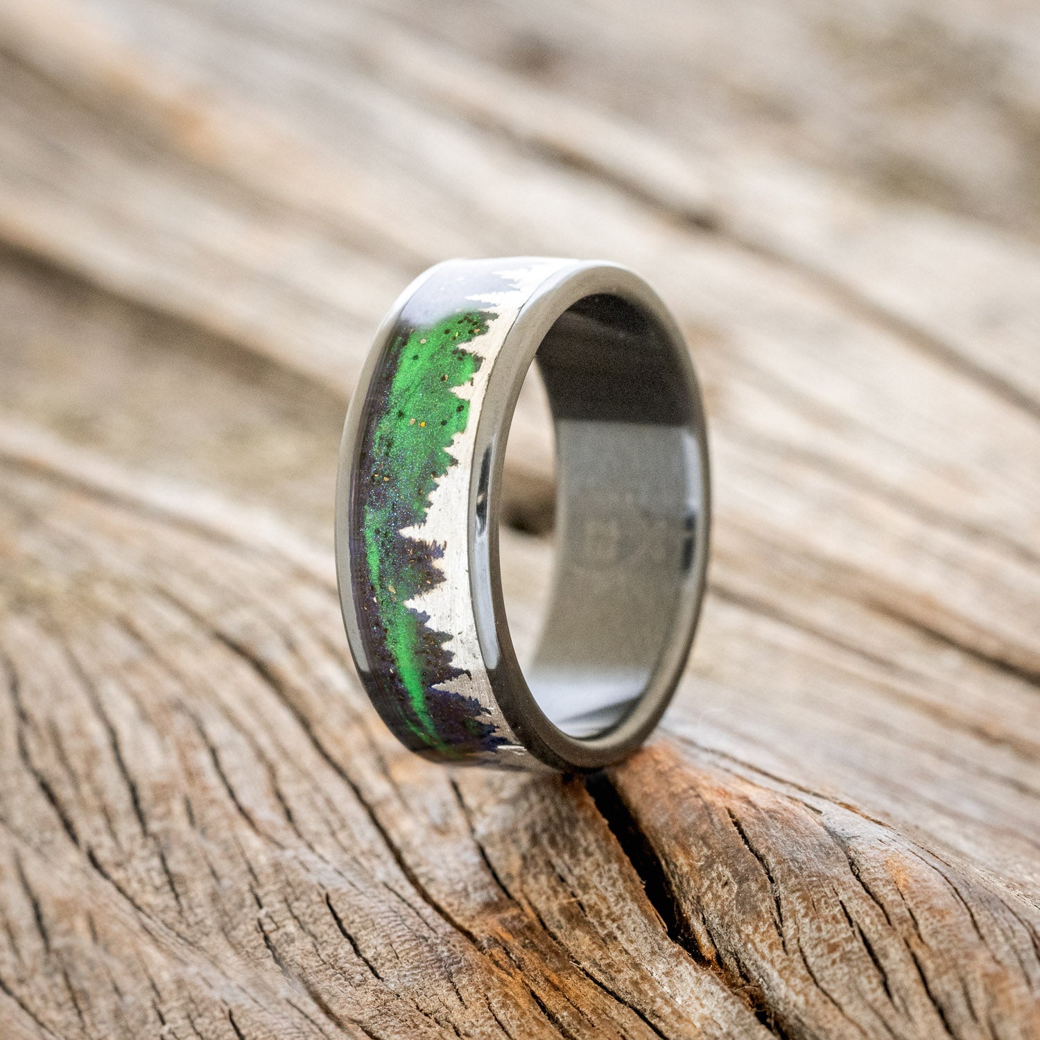 "BOREALIS" - SILVER TREES ENGRAVED WEDDING RING WITH GLOW IN THE DARK NORTHERN LIGHTS-10