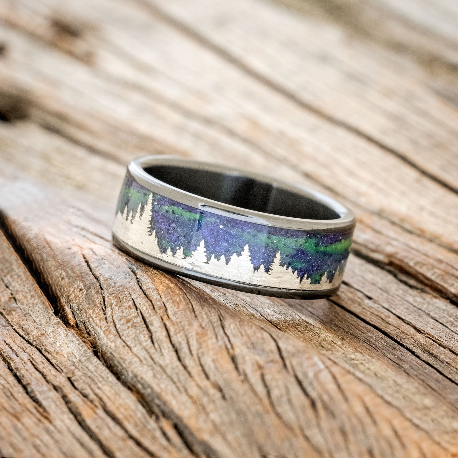 "BOREALIS" - SILVER TREES ENGRAVED WEDDING RING WITH GLOW IN THE DARK NORTHERN LIGHTS-8