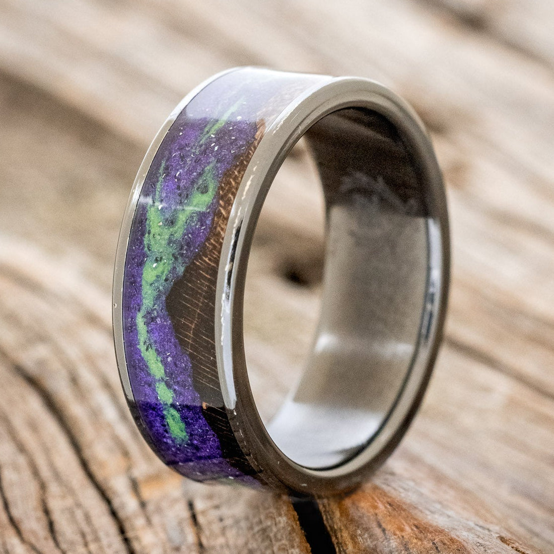 "BOREALIS" - MOUNTAIN ENGRAVED WEDDING RING WITH GLOW IN THE DARK NORTHERN LIGHTS-Staghead Designs