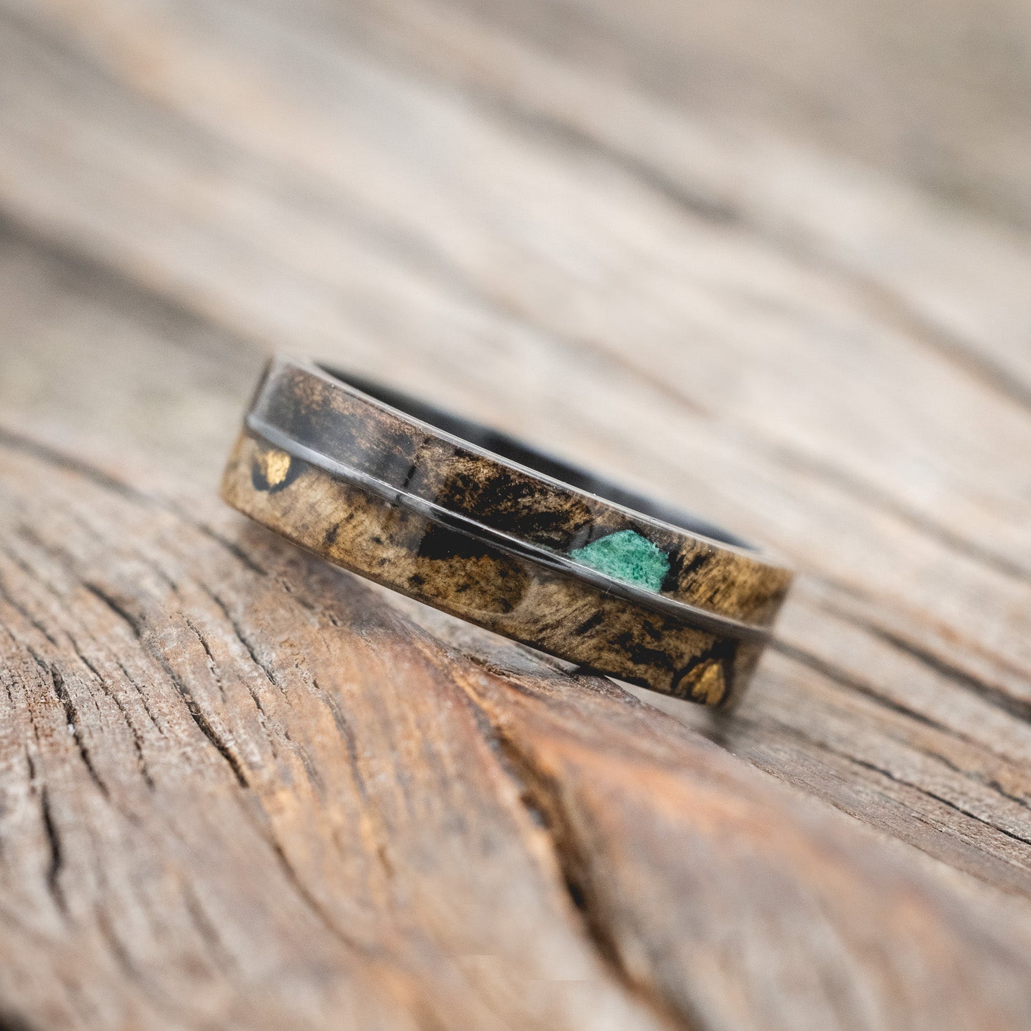 "GOLDEN" - BUCKEYE BURL WOOD & MALACHITE WEDDING RING-Staghead Designs