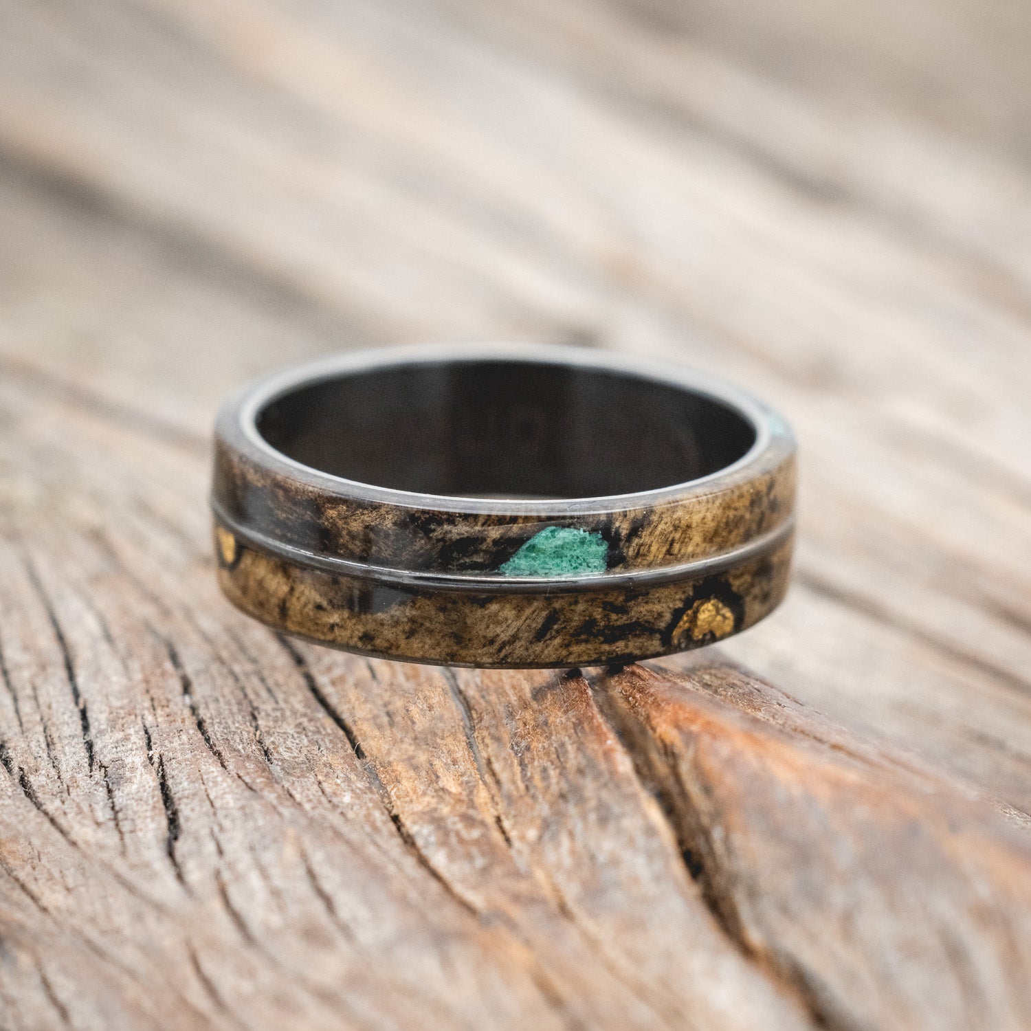 "GOLDEN" - BUCKEYE BURL WOOD & MALACHITE WEDDING RING-Staghead Designs