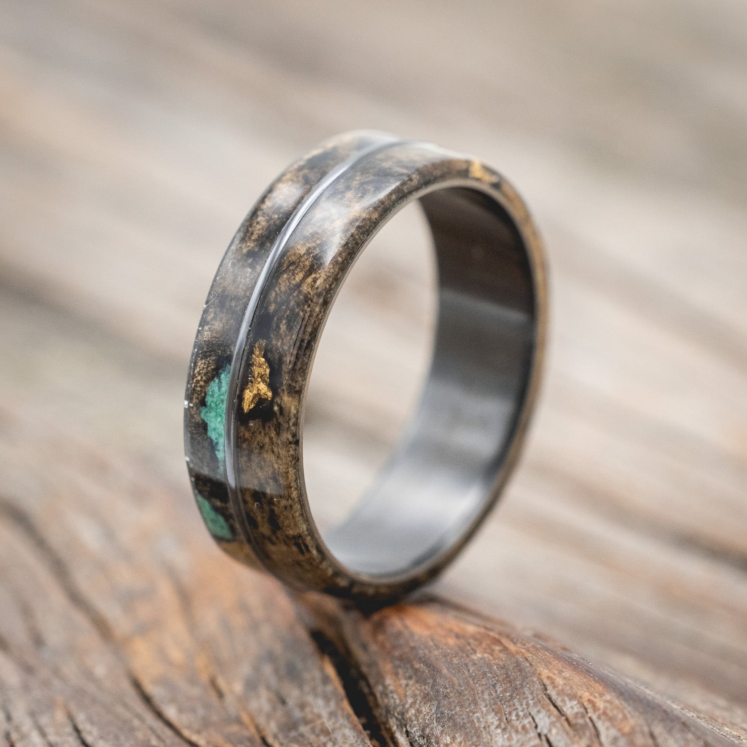 "GOLDEN" - BUCKEYE BURL WOOD & MALACHITE WEDDING RING-Staghead Designs