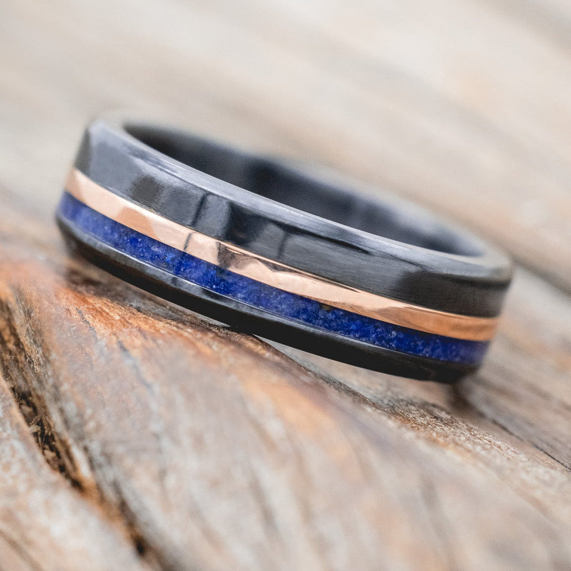 "CASTOR" - LAPIS LAZULI & A 14K GOLD INLAY WEDDING RING-Staghead Designs