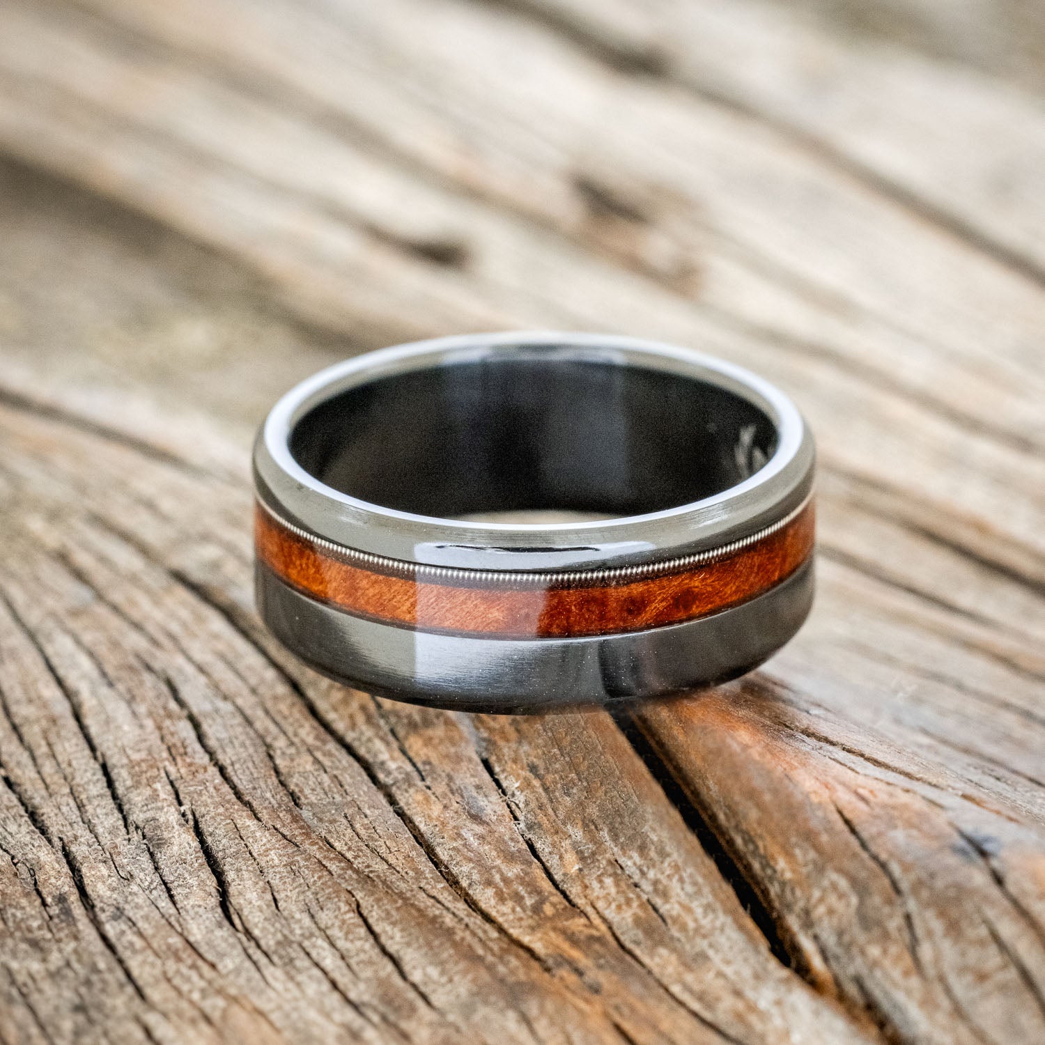 "CASTOR" - REDWOOD & GUITAR STRING INLAY WEDDING BAND-3