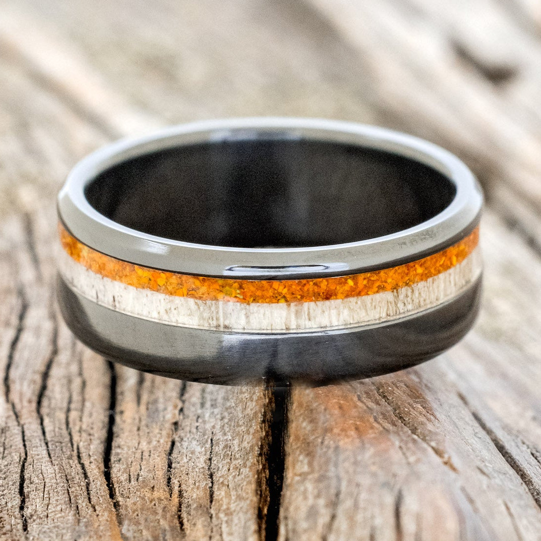 "CASTOR" - ELK ANTLER & ORANGE OPAL WEDDING RING-6