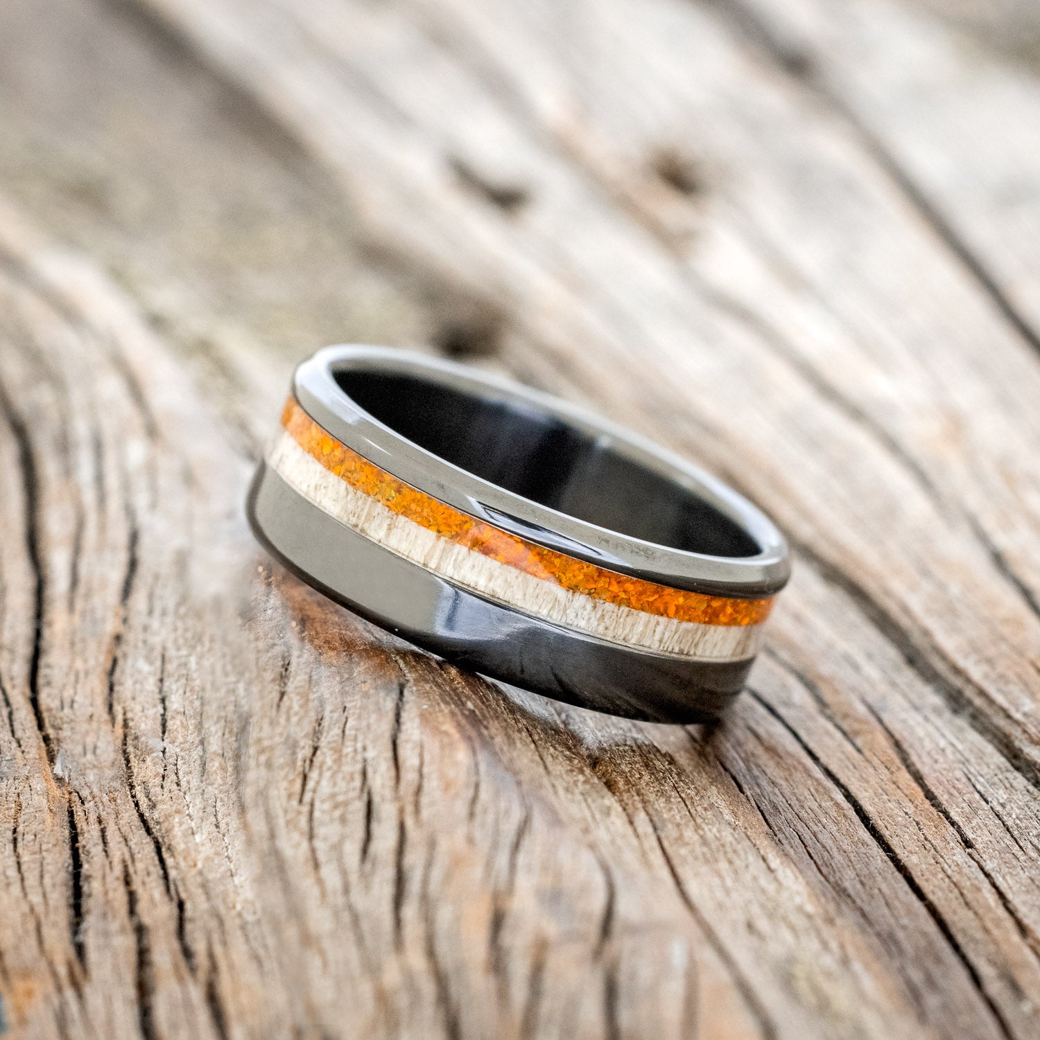 "CASTOR" - ELK ANTLER & ORANGE OPAL WEDDING RING-5