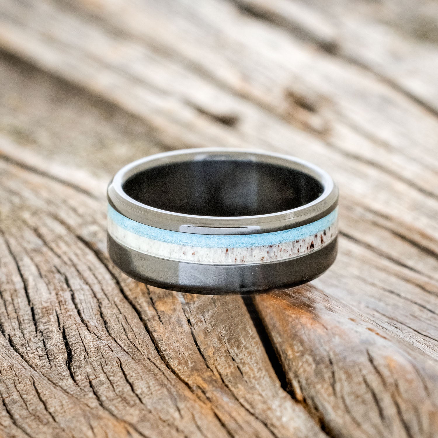 "CASTOR" - ELK ANTLER & TURQUOISE WEDDING BAND-6