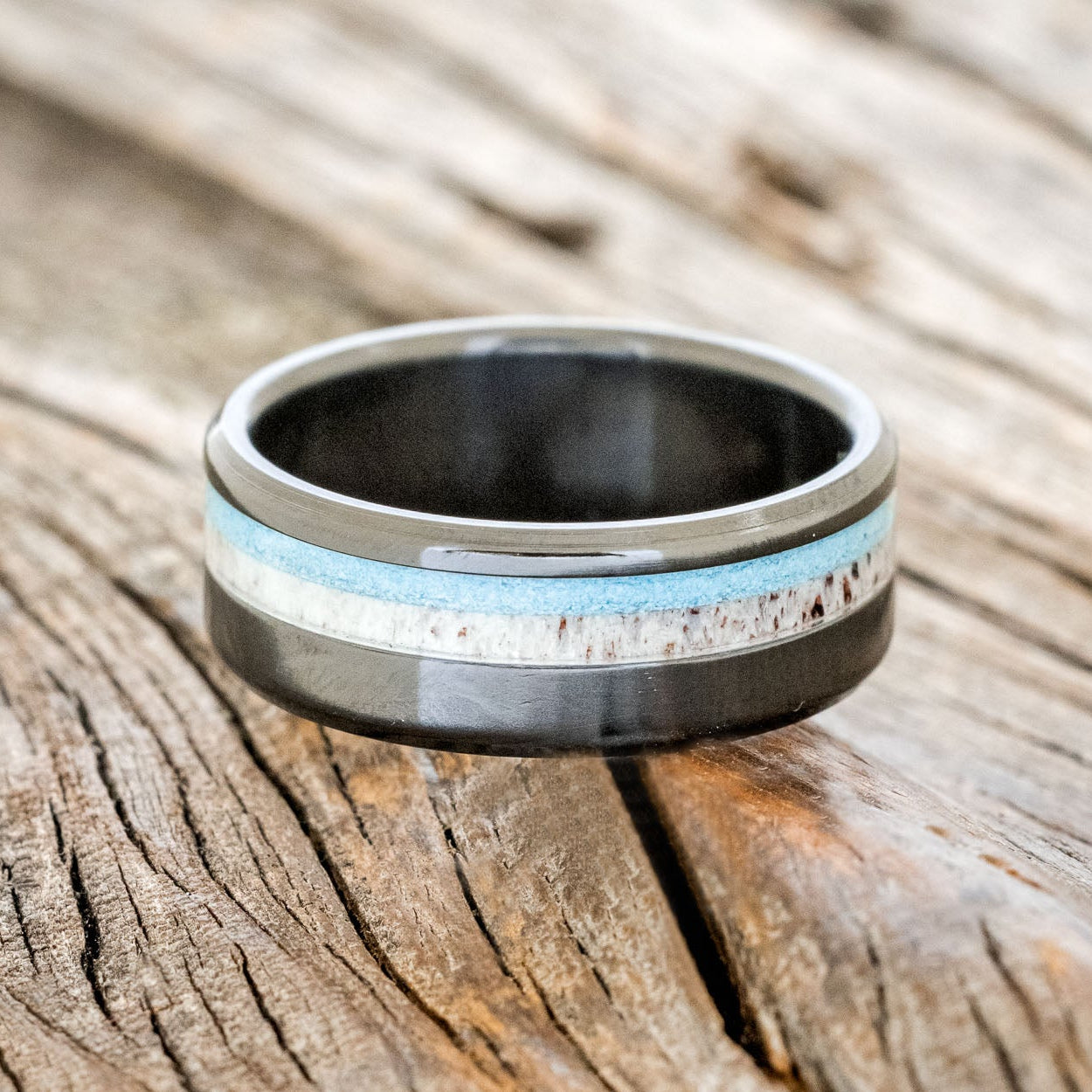 "CASTOR" - ELK ANTLER & TURQUOISE WEDDING BAND-6