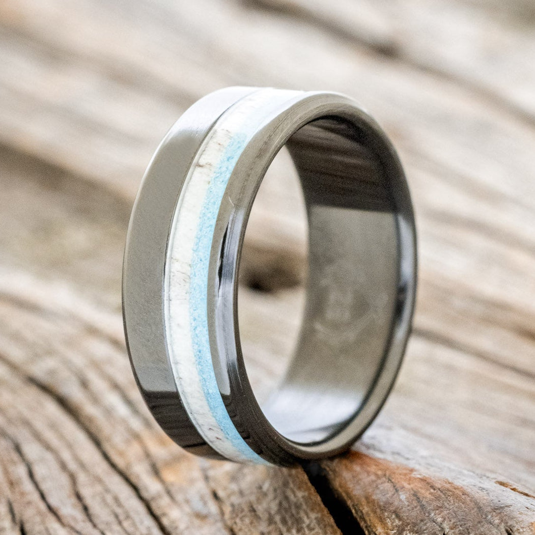 "CASTOR" - ELK ANTLER & TURQUOISE WEDDING BAND-4