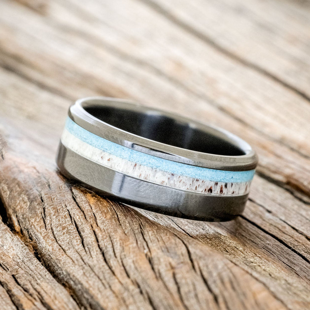 "CASTOR" - ELK ANTLER & TURQUOISE WEDDING BAND-5