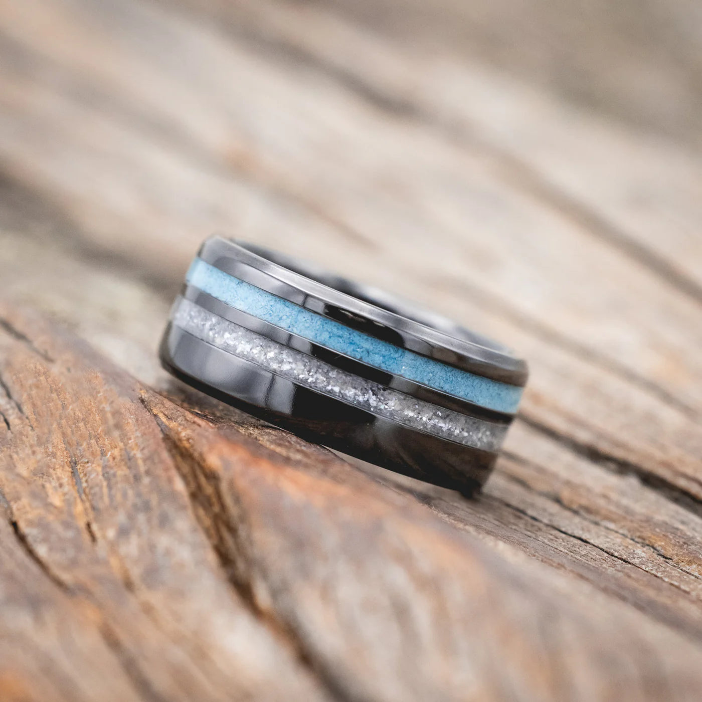 "COSMO" - DIAMOND DUST & TURQUOISE WEDDING BAND - BLACK ZIRCONIUM - SIZE 4 1/4-Staghead Designs
