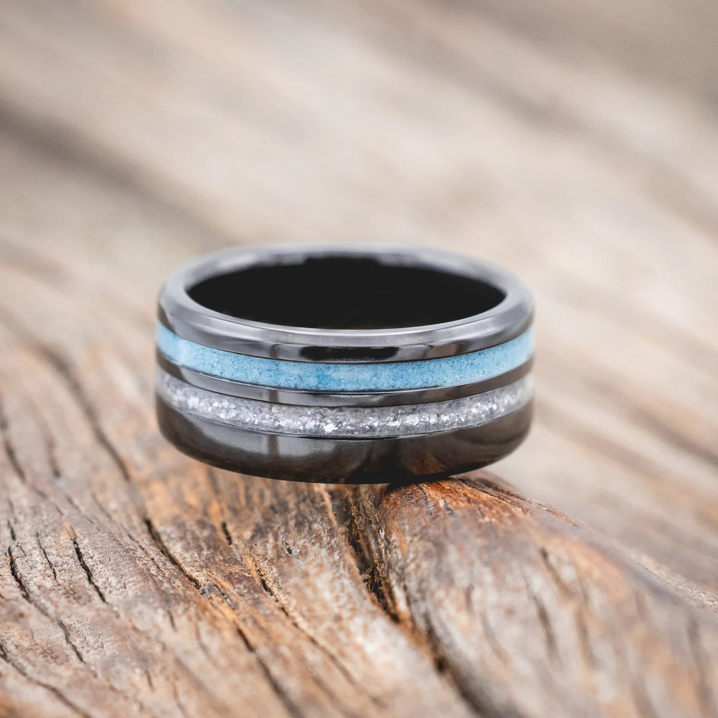 "COSMO" - DIAMOND DUST & TURQUOISE WEDDING BAND - BLACK ZIRCONIUM - SIZE 4 1/4-Staghead Designs
