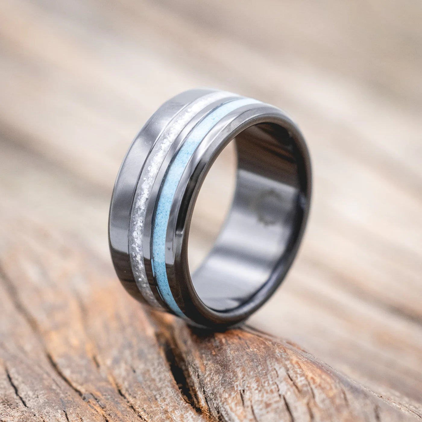 "COSMO" - DIAMOND DUST & TURQUOISE WEDDING BAND - BLACK ZIRCONIUM - SIZE 4 1/4-Staghead Designs