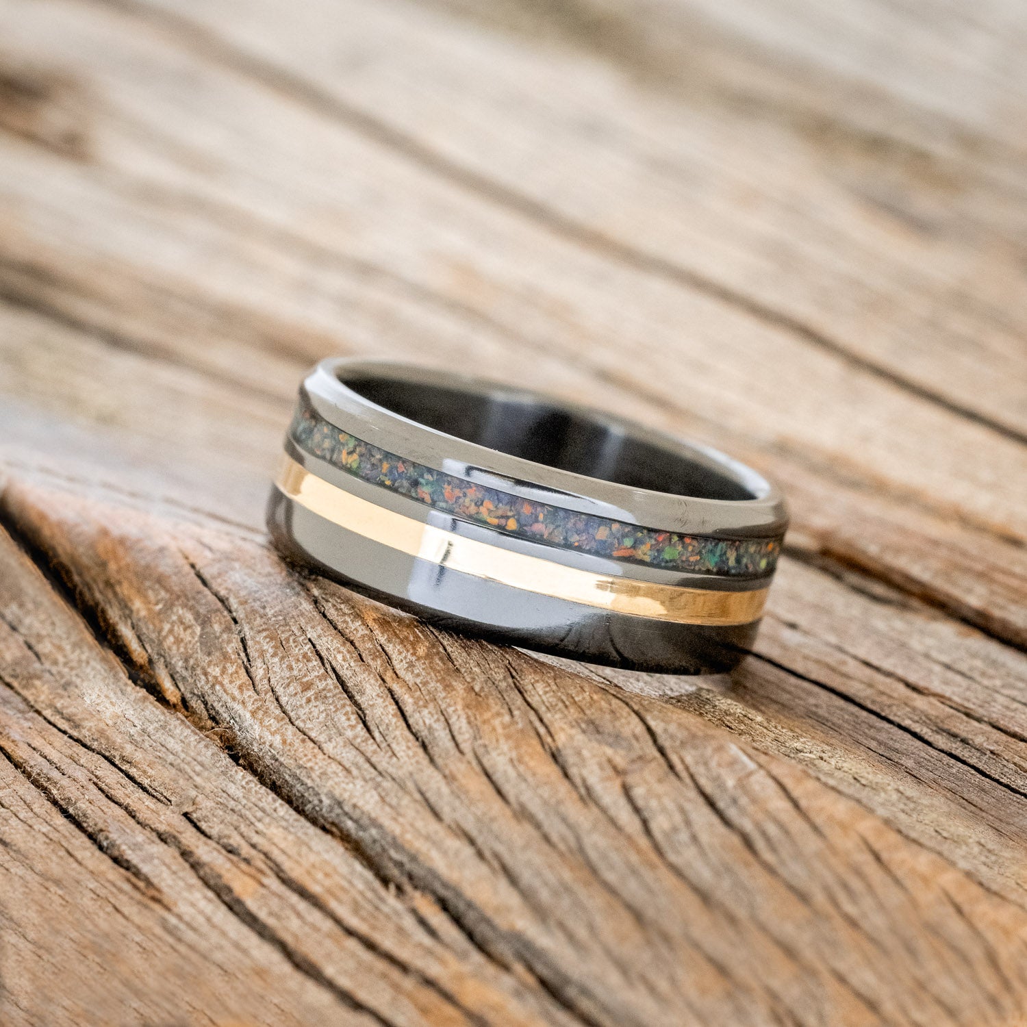 "COSMO" - BLACK OPAL & 14K GOLD INLAY WEDDING RING-2