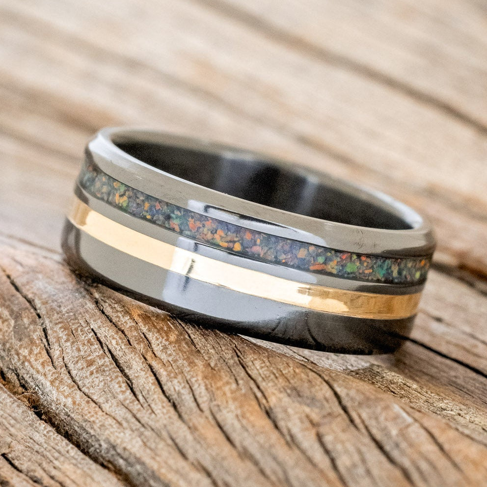 "COSMO" - BLACK OPAL & 14K GOLD INLAY WEDDING RING-2