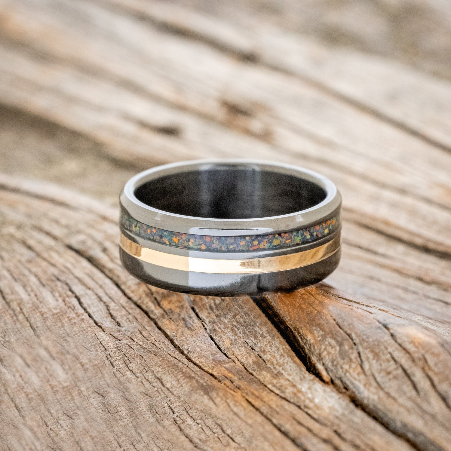 "COSMO" - BLACK OPAL & 14K GOLD INLAY WEDDING RING-3