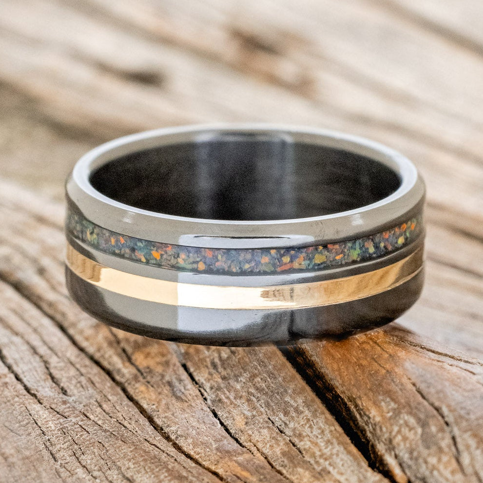 "COSMO" - BLACK OPAL & 14K GOLD INLAY WEDDING RING-3