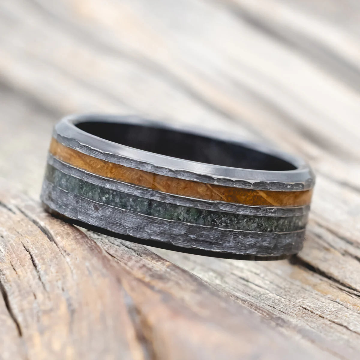 "Cosmo" - Whiskey Barrel Oak & Moss Agate Wedding Ring Featuring A Hammered Finish - Black Zirconium (8mm) - Size 11