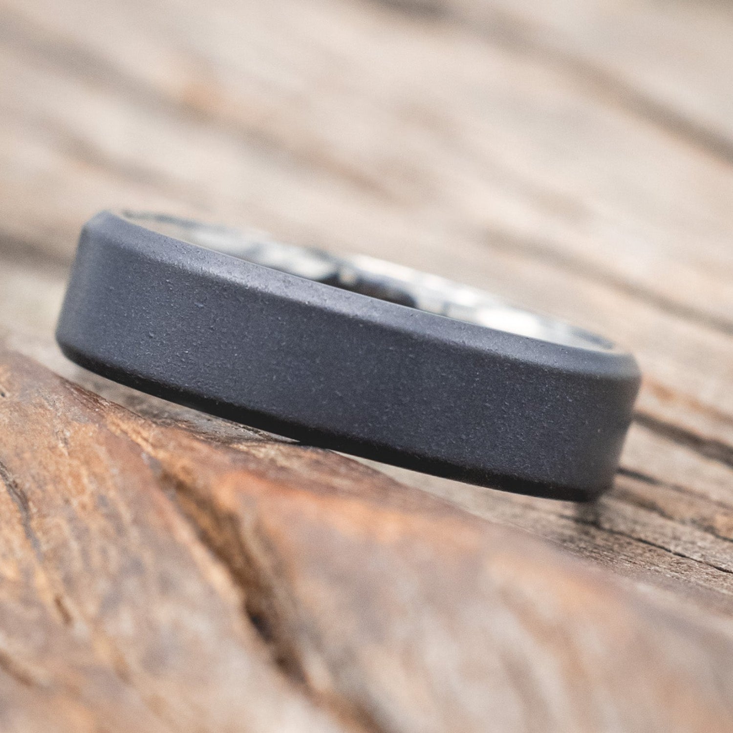 CRUSHED MOSS AGATE LINED WEDDING BAND WITH A SANDBLASTED FINISH-Staghead Designs