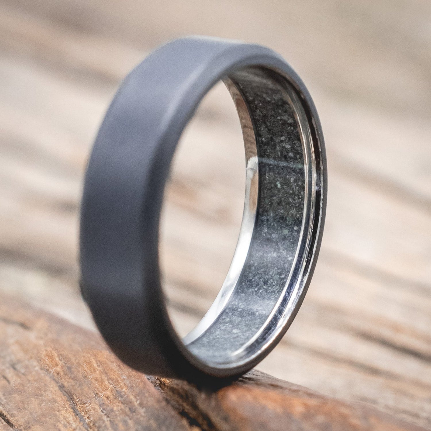 CRUSHED MOSS AGATE LINED WEDDING BAND WITH A SANDBLASTED FINISH-Staghead Designs