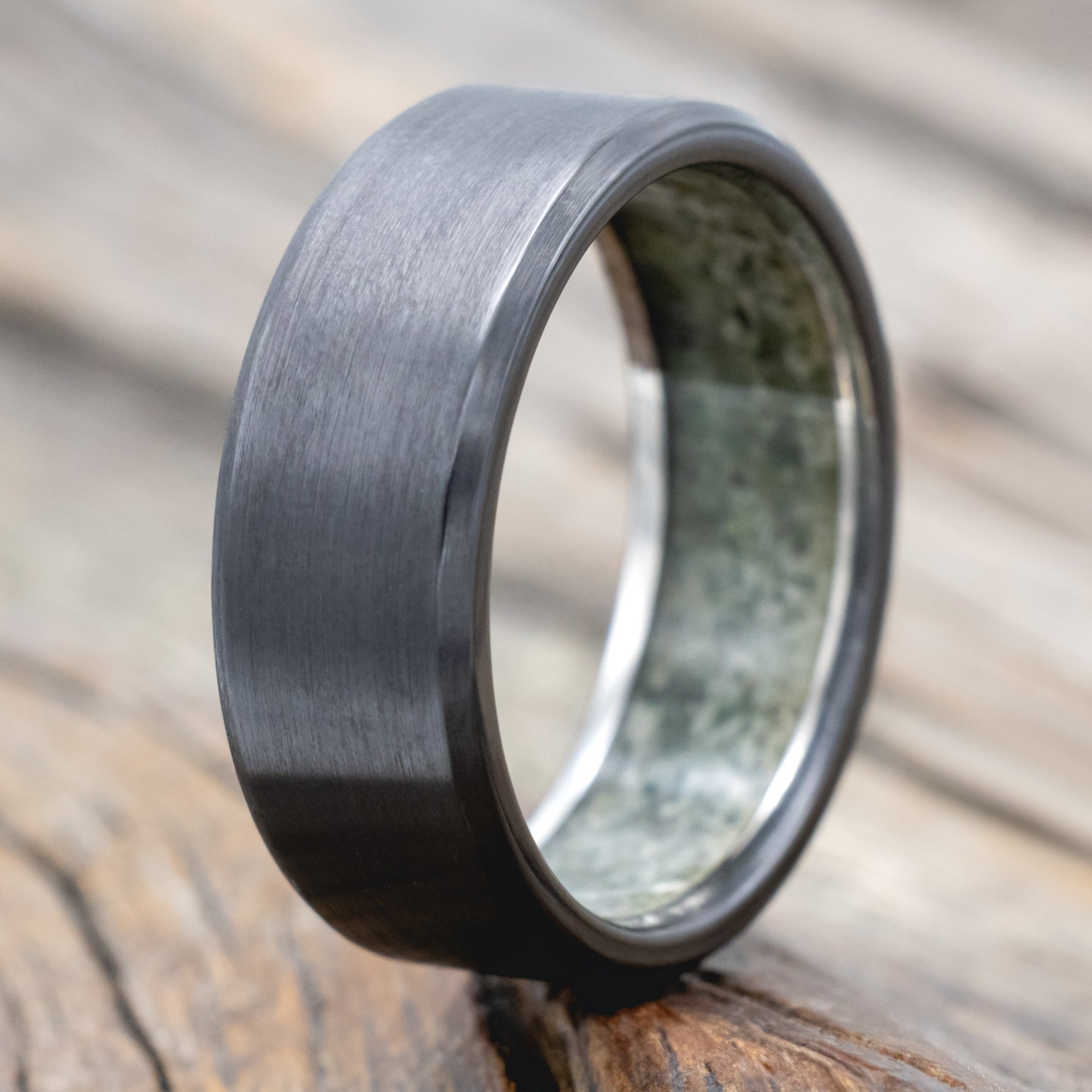 "Hyperion" - Crushed Moss Agate Lined Wedding Band With Custom Finish-Staghead Designs